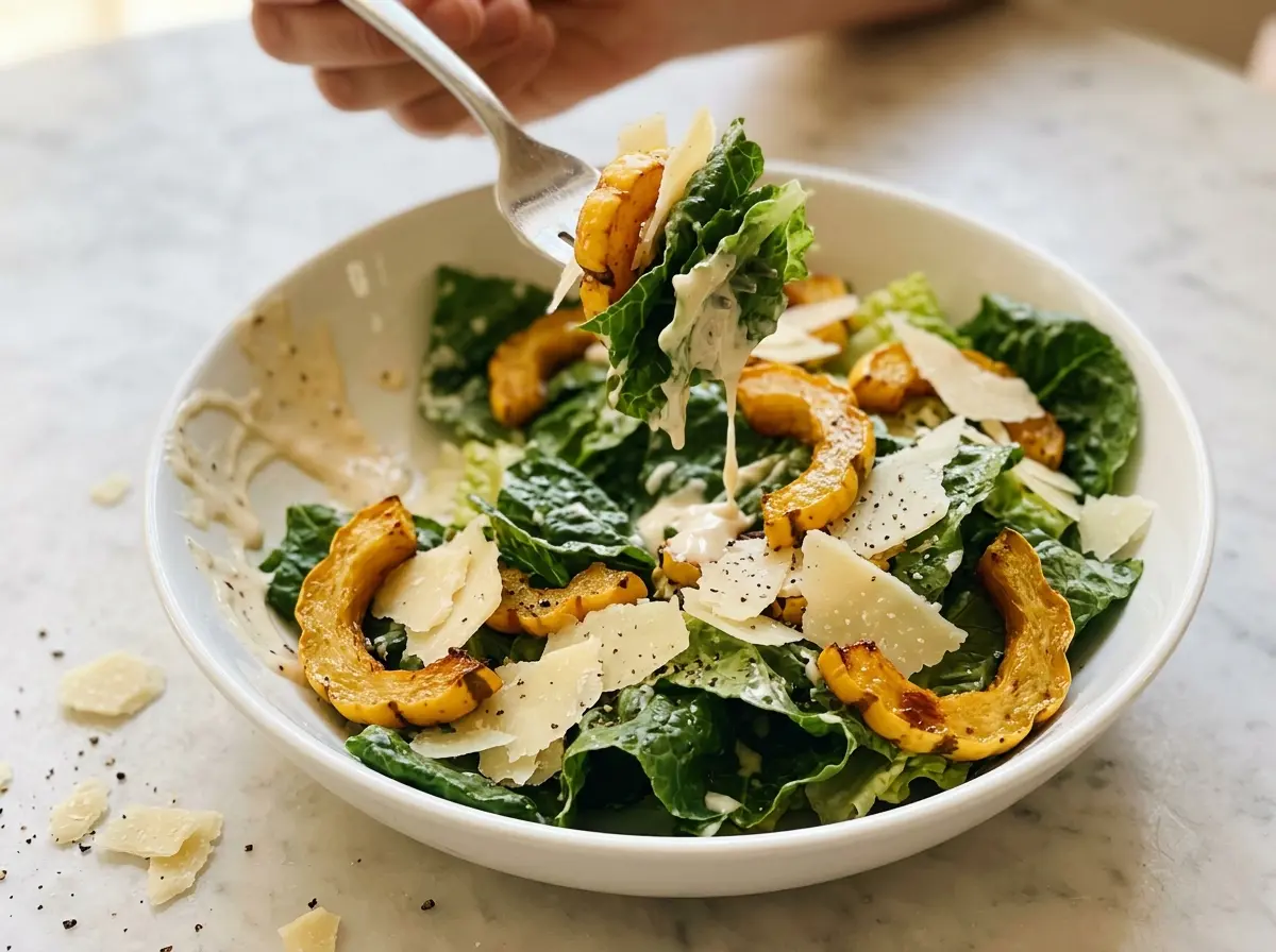 Autumn Caesar Salad with Delicata Squash Croutons browned squash romaine