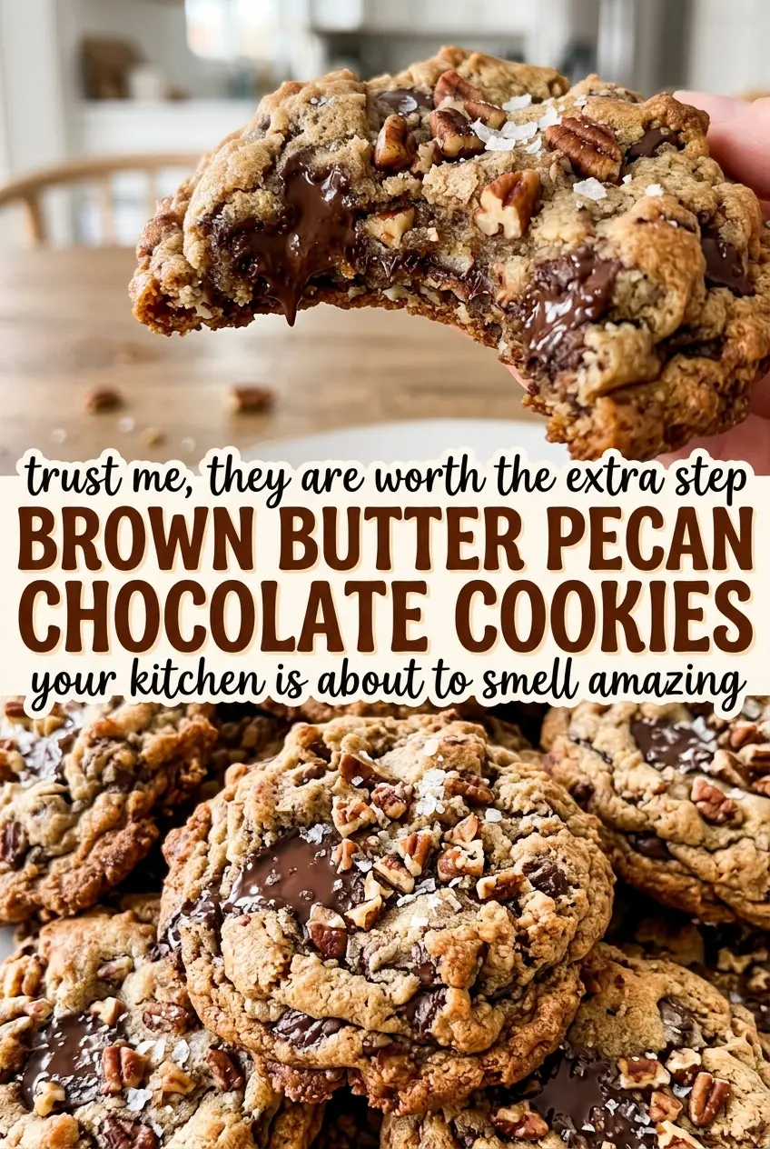 Brown Butter Pecan Chocolate Cookies with golden edges