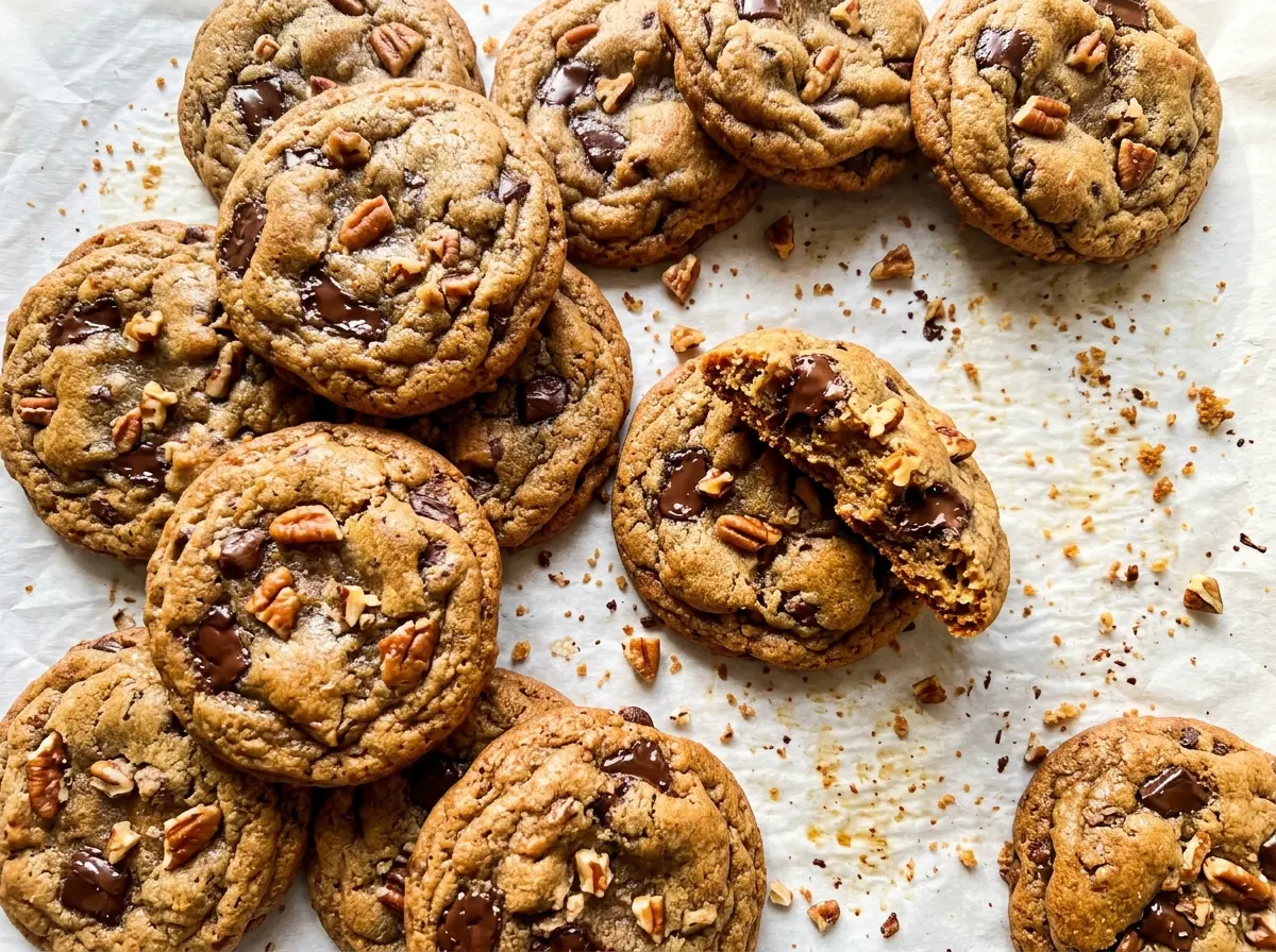 Brown Butter Pecan Chocolate Cookies with golden edges