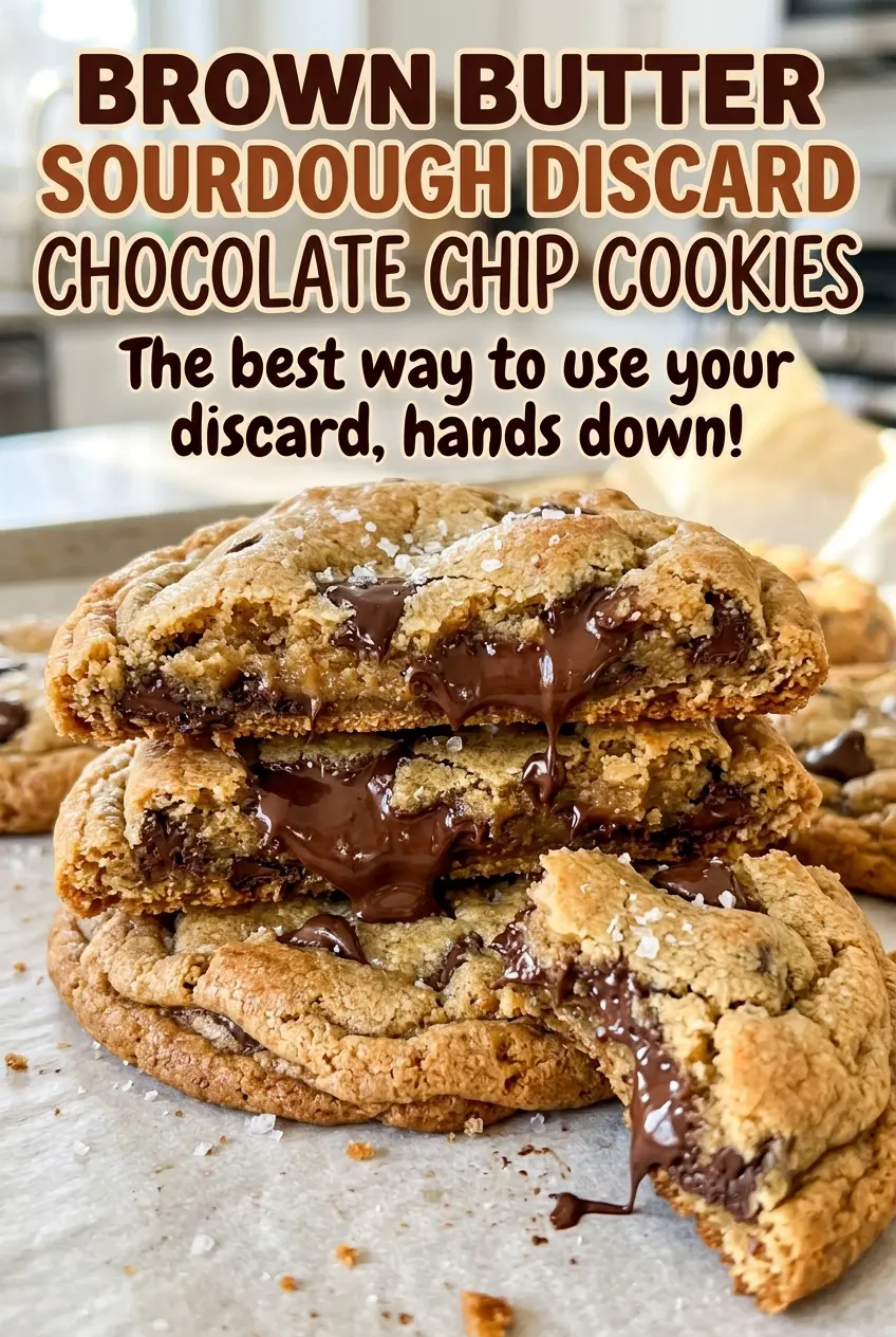 Brown Butter Sourdough Discard Chocolate Chip Cookies with melty chocolate