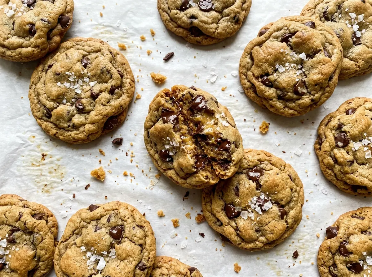 Brown Butter Sourdough Discard Chocolate Chip Cookies with chewy golden centers