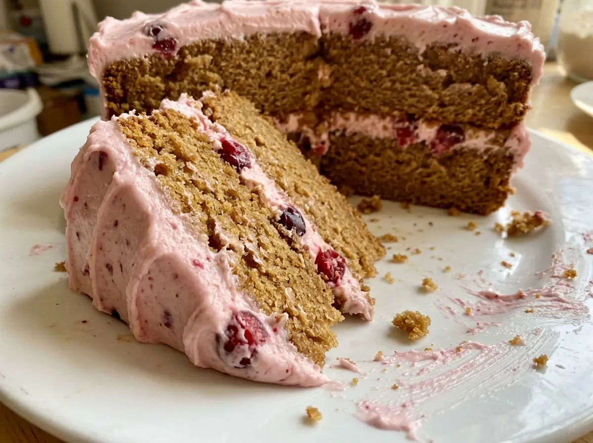 Brown Sugar Layer Cake with Cranberry Buttercream, soft crumb and tart frosting