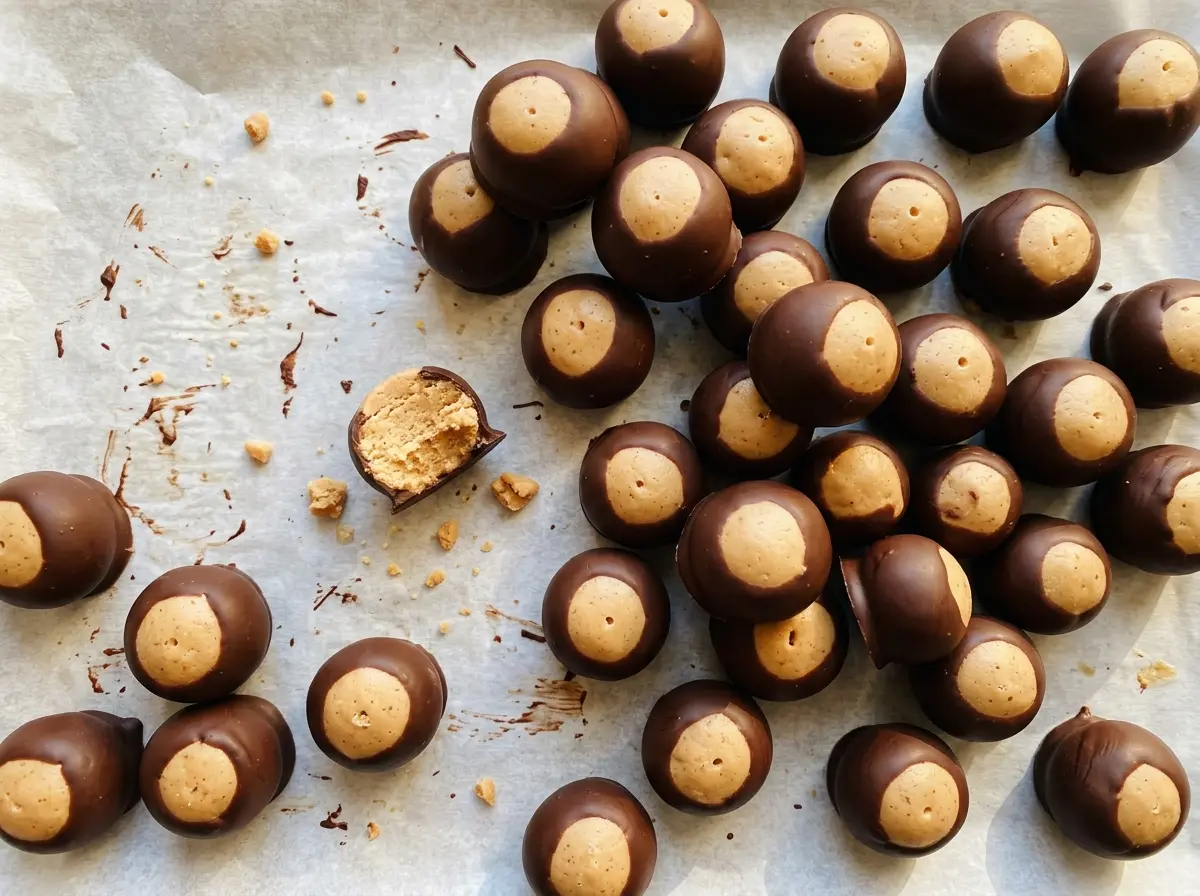 Buckeyes with glossy chocolate shells