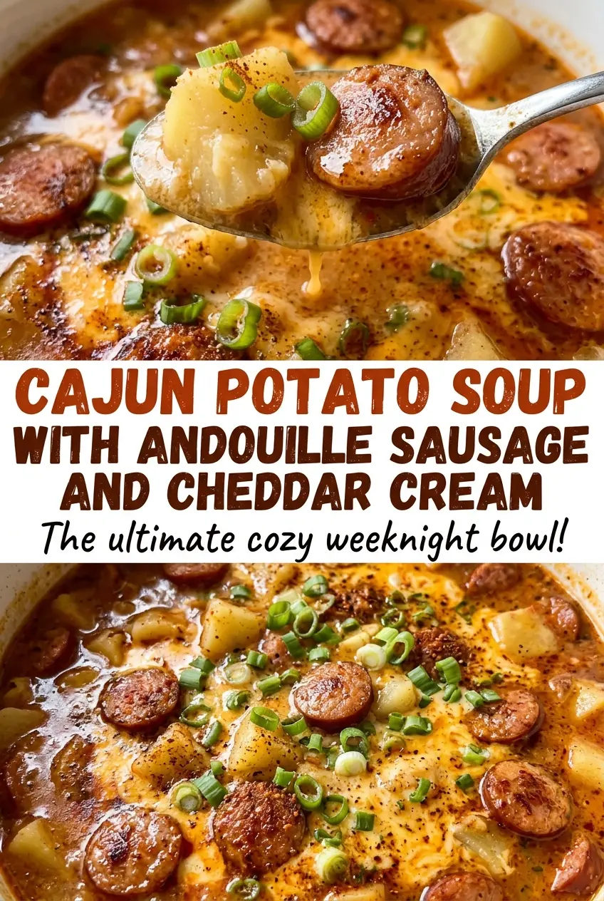 Cajun potato soup with andouille sausage and cheddar cream, creamy golden