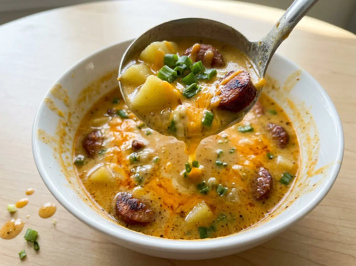 Cajun potato soup with andouille sausage and cheddar cream, creamy golden