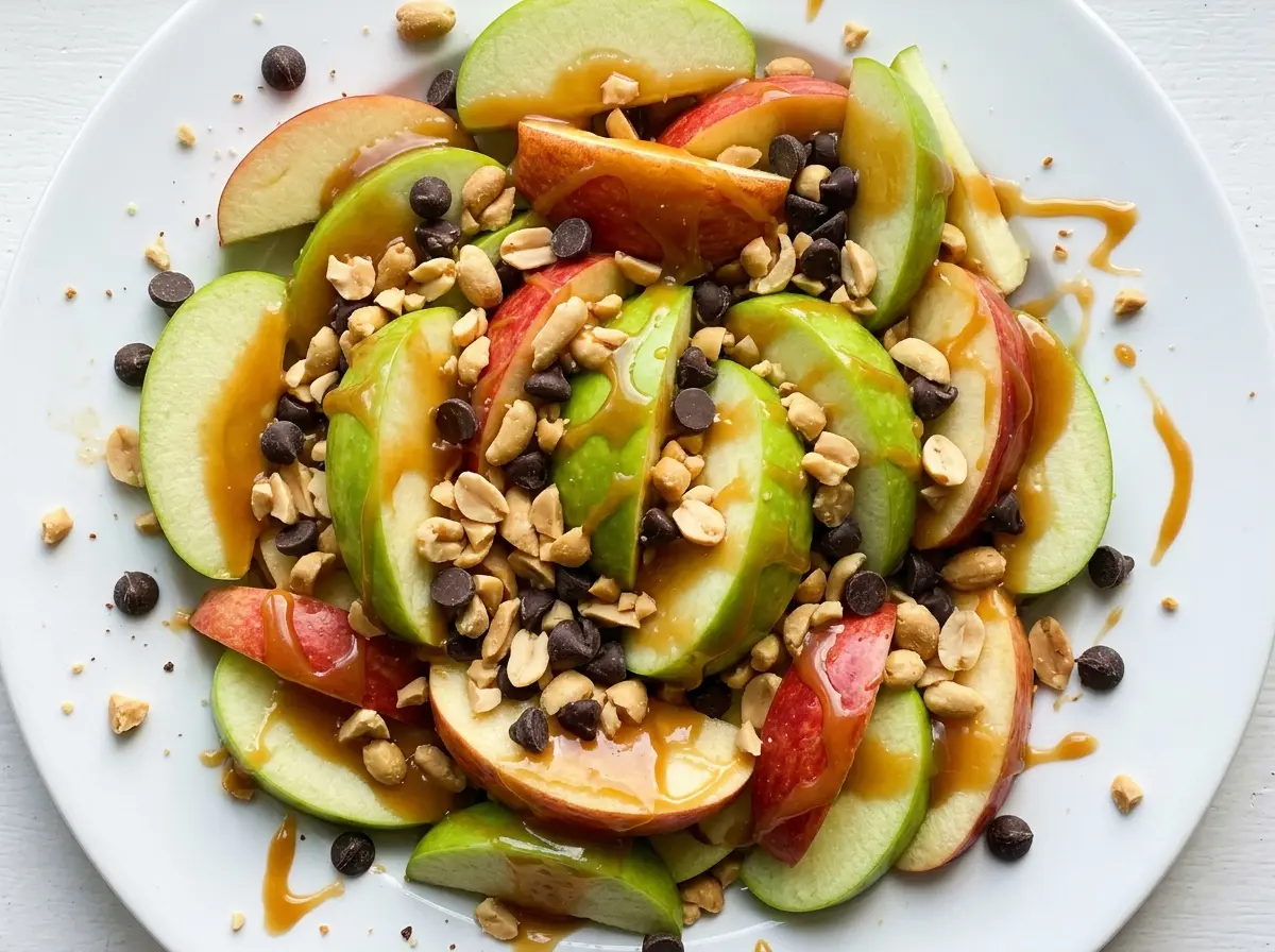 Caramel Apple Nachos with crisp apple slices