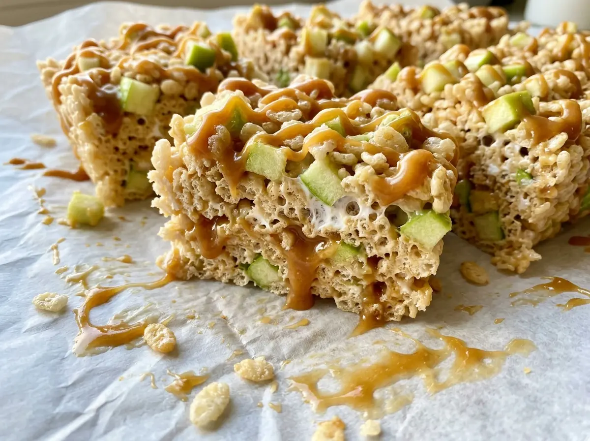 Caramel Apple Rice Krispie Treats with glossy caramel drizzle