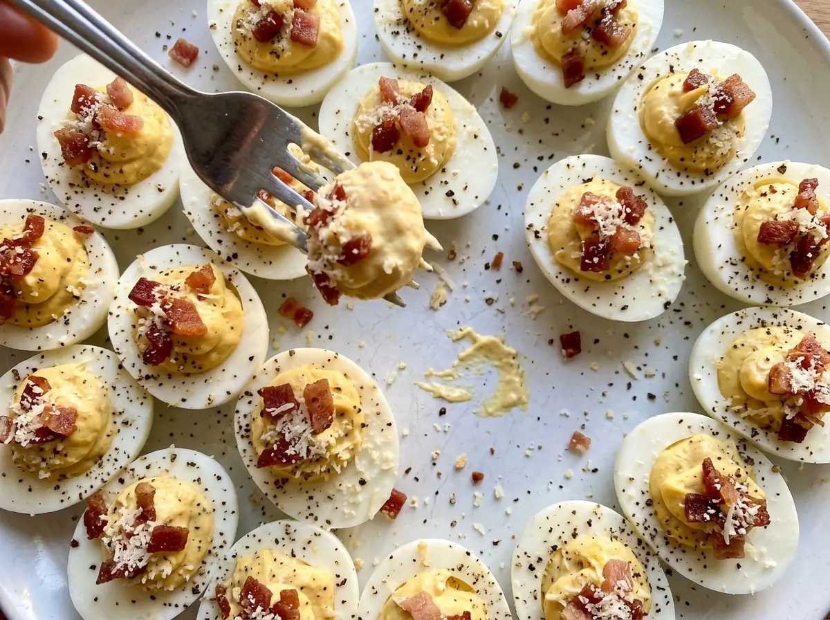 Carbonara Deviled Eggs with crisp pancetta