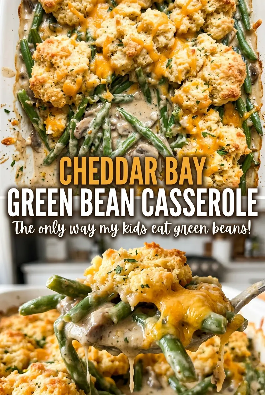 Cheddar Bay Green Bean Casserole bubbling creamy filling