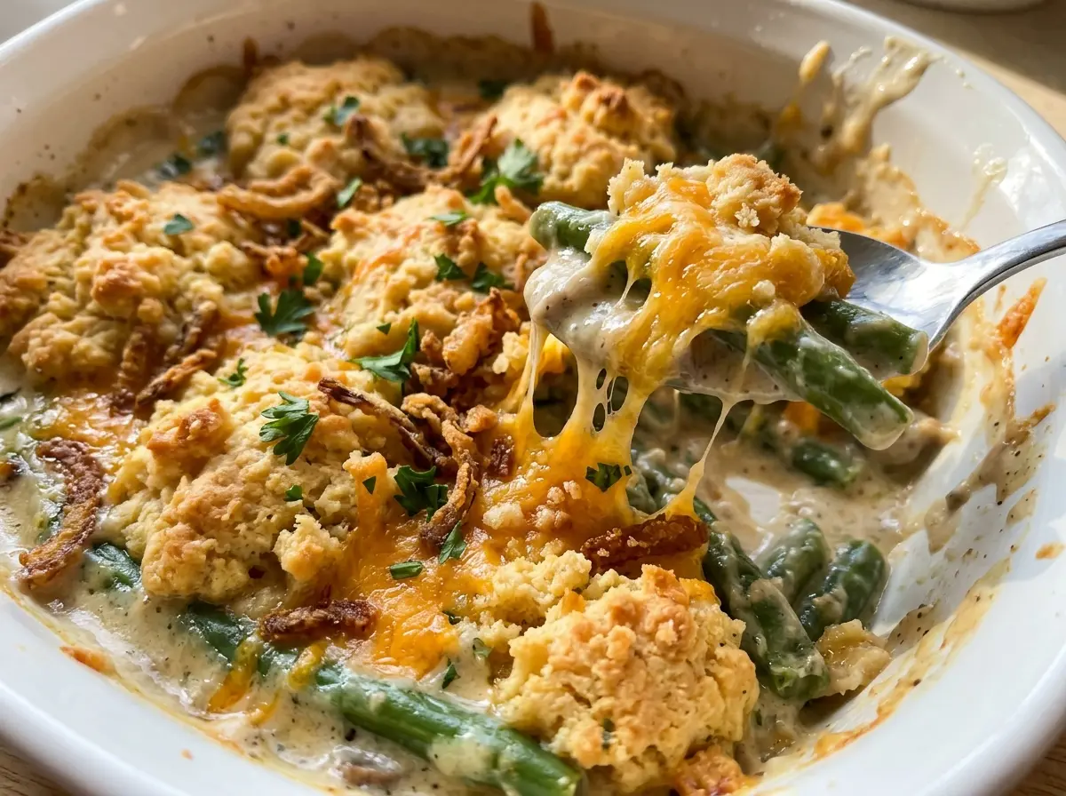 Cheddar Bay Green Bean Casserole golden cheesy biscuits