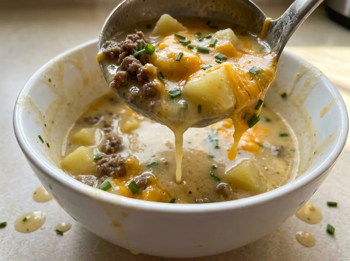 Cheesy Hamburger Potato Soup with creamy potato chunks