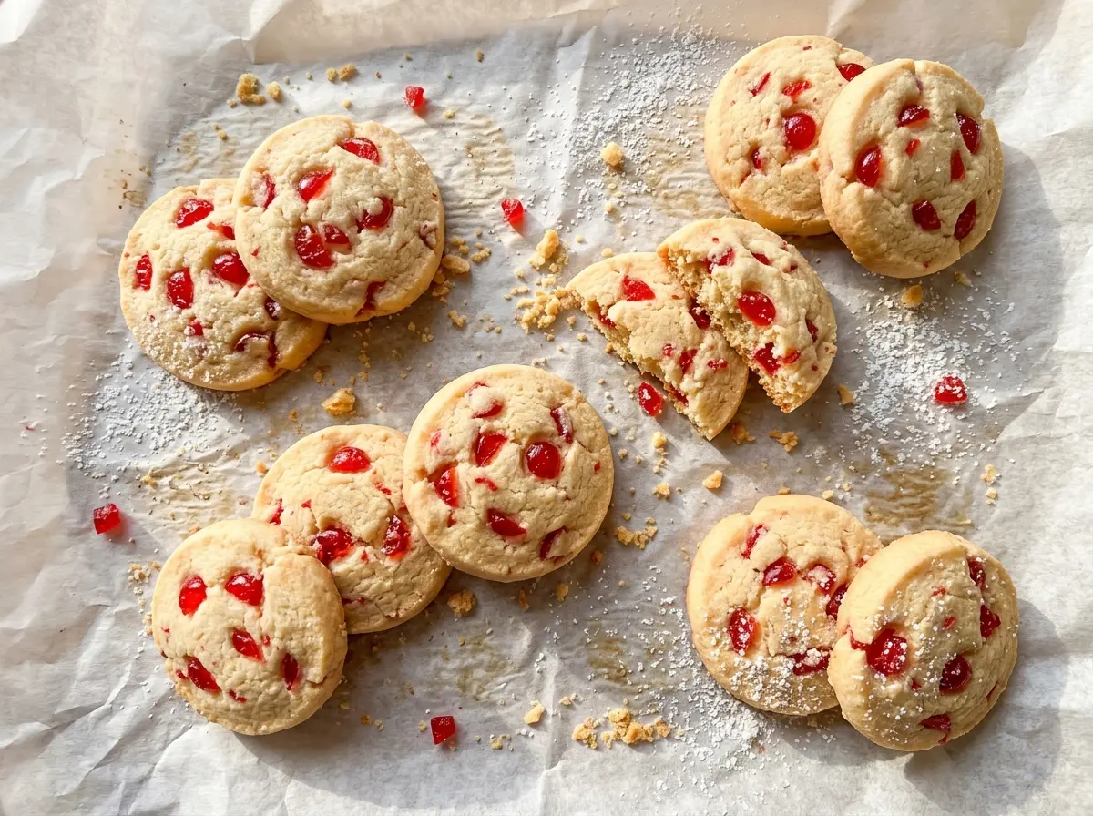 Christmas Maraschino Cherry Shortbread Cookies, pale buttery rounds