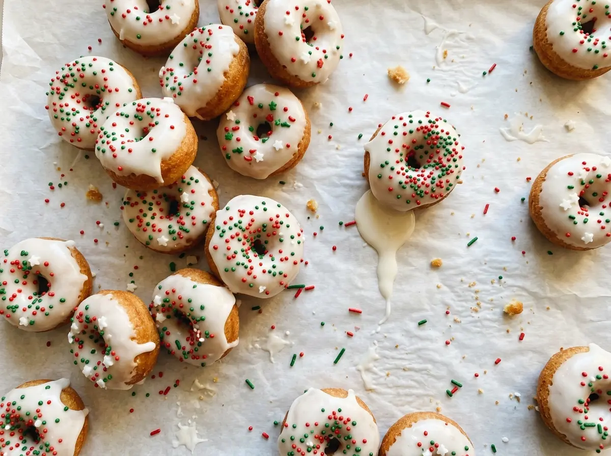 Christmas mini donuts with glossy glaze and holiday sprinkles