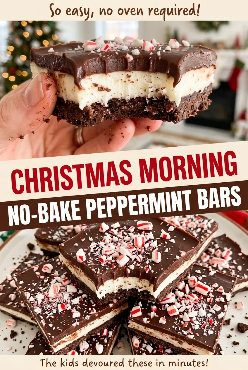 Christmas Morning No Bake Peppermint Bars creamy chocolate layers
