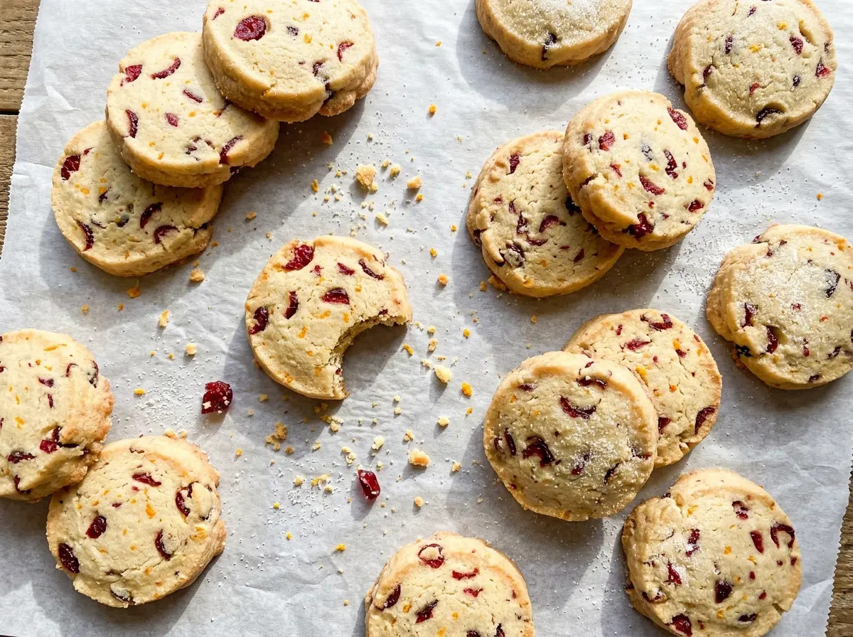 Cranberry orange shortbread cookies with golden edges