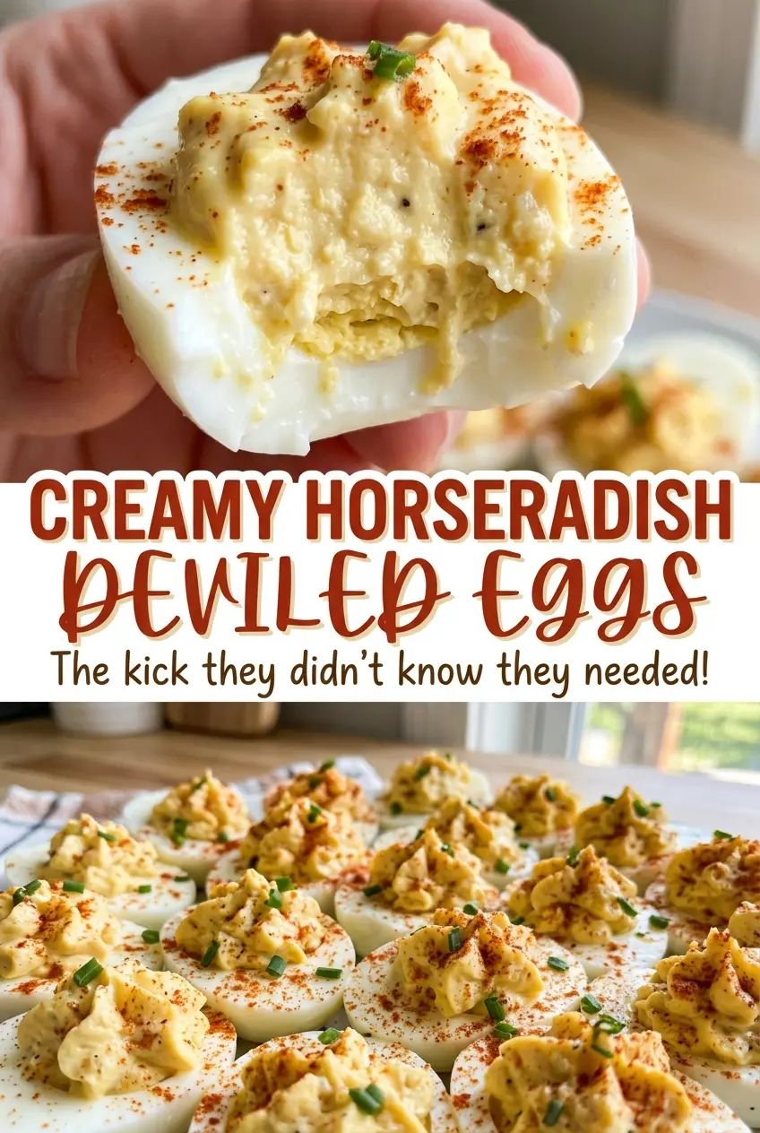 Creamy Horseradish Deviled Eggs with chive topping