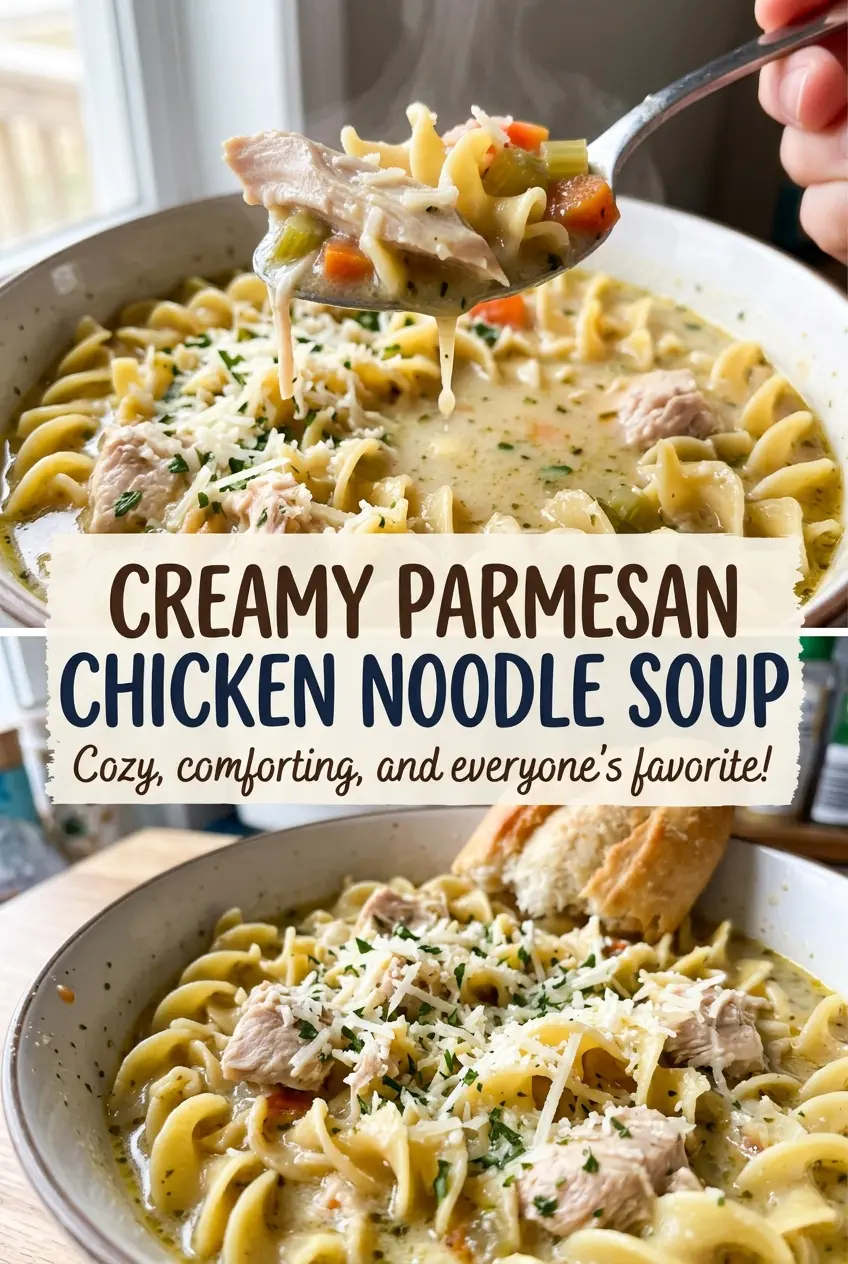 Creamy Parmesan Chicken Noodle Soup with creamy broth