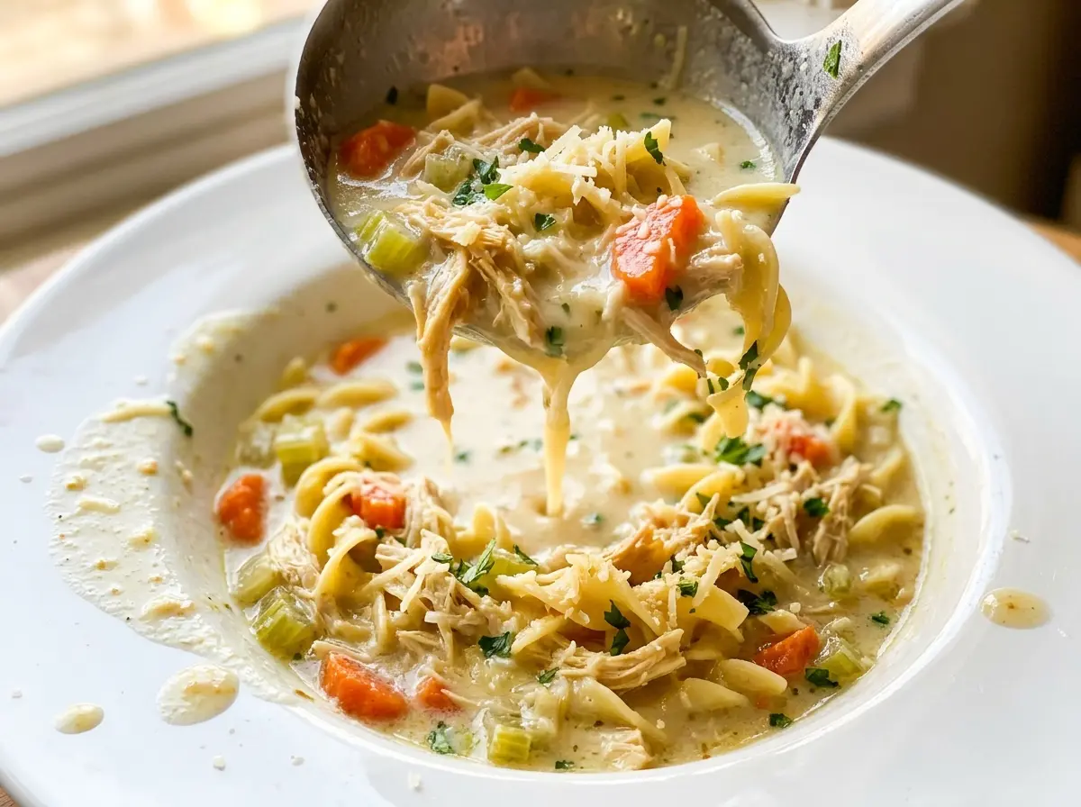 Creamy Parmesan Chicken Noodle Soup with tender chicken