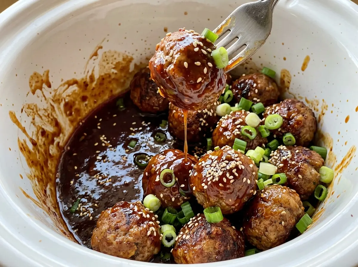 Crockpot Asian Meatballs glossy sesame glaze