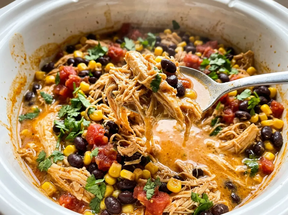 Crockpot Fiesta Chicken creamy shredded chicken