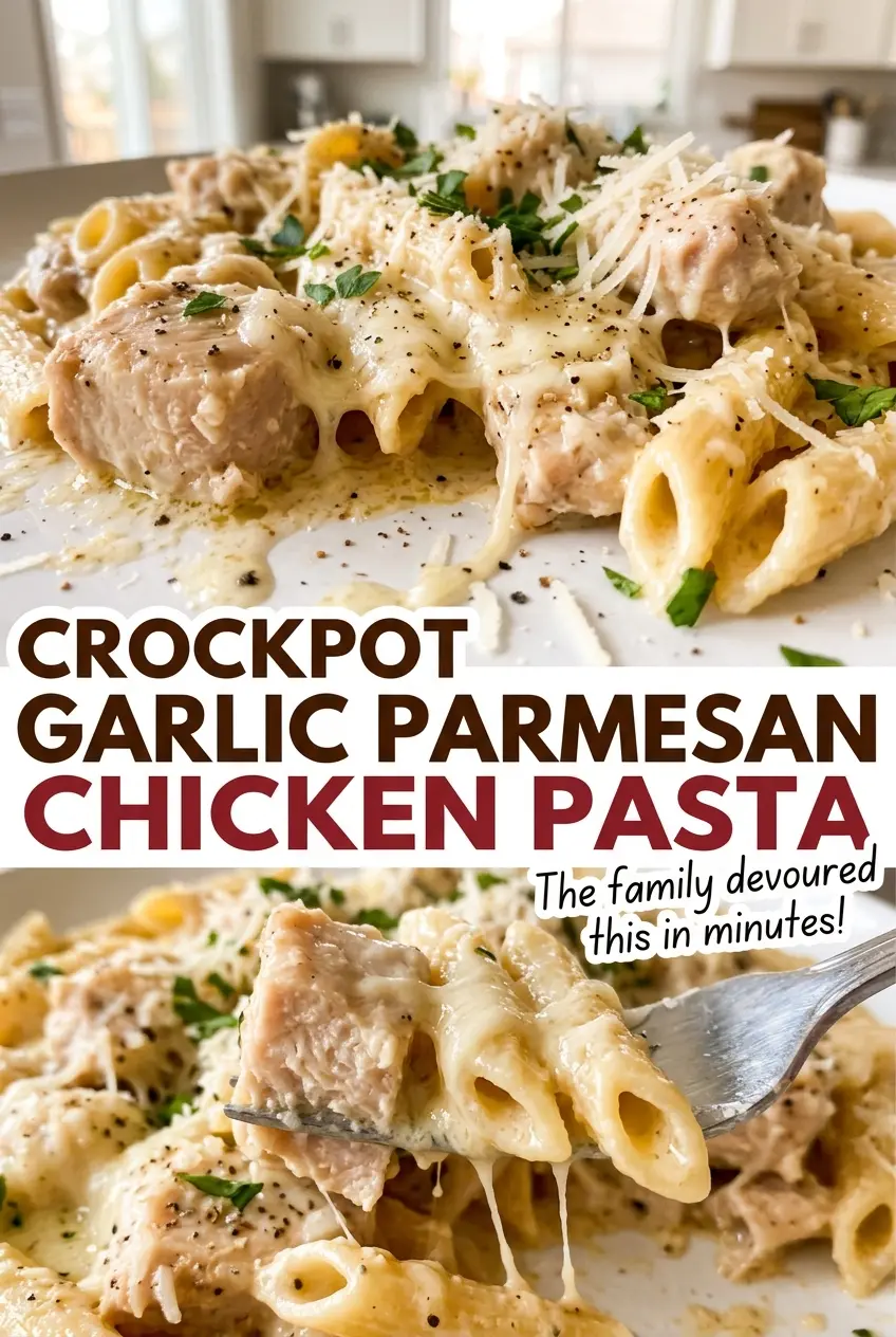 Crockpot Garlic Parmesan Chicken Pasta creamy fettuccine close-up