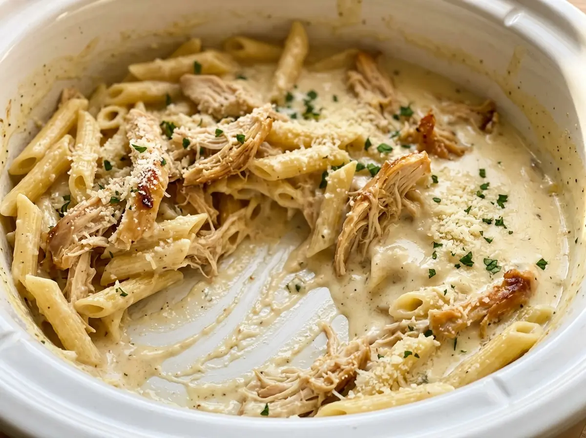 Crockpot Garlic Parmesan Chicken Pasta creamy shredded chicken