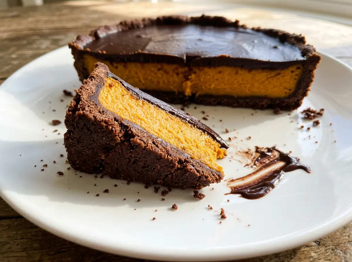Dark Chocolate Pumpkin Tart with glossy ganache
