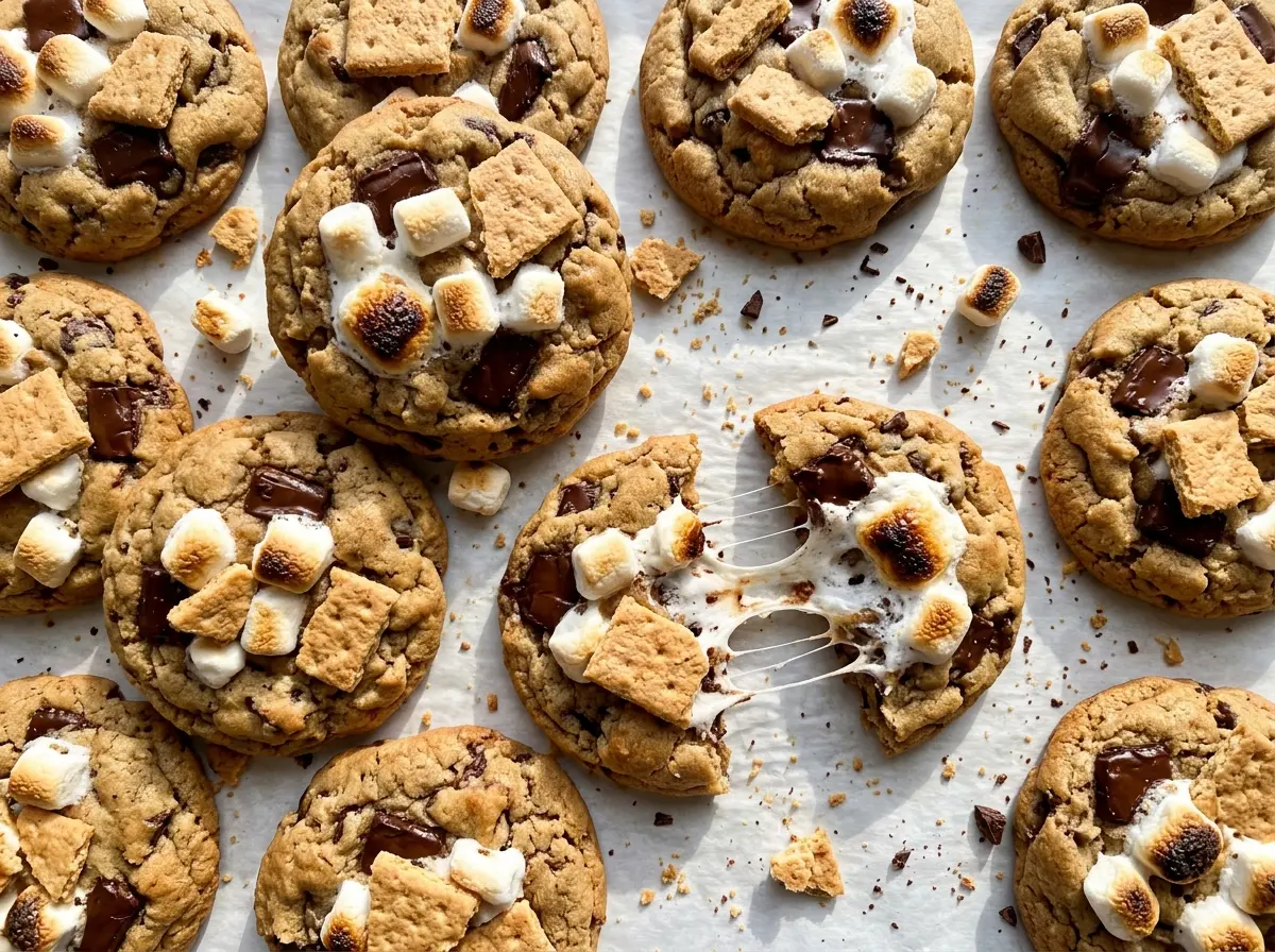 Easy Smores Cookies with puffed marshmallows