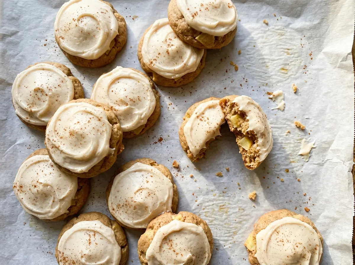 Frosted Apple Cookies with soft centers and cinnamon frosting