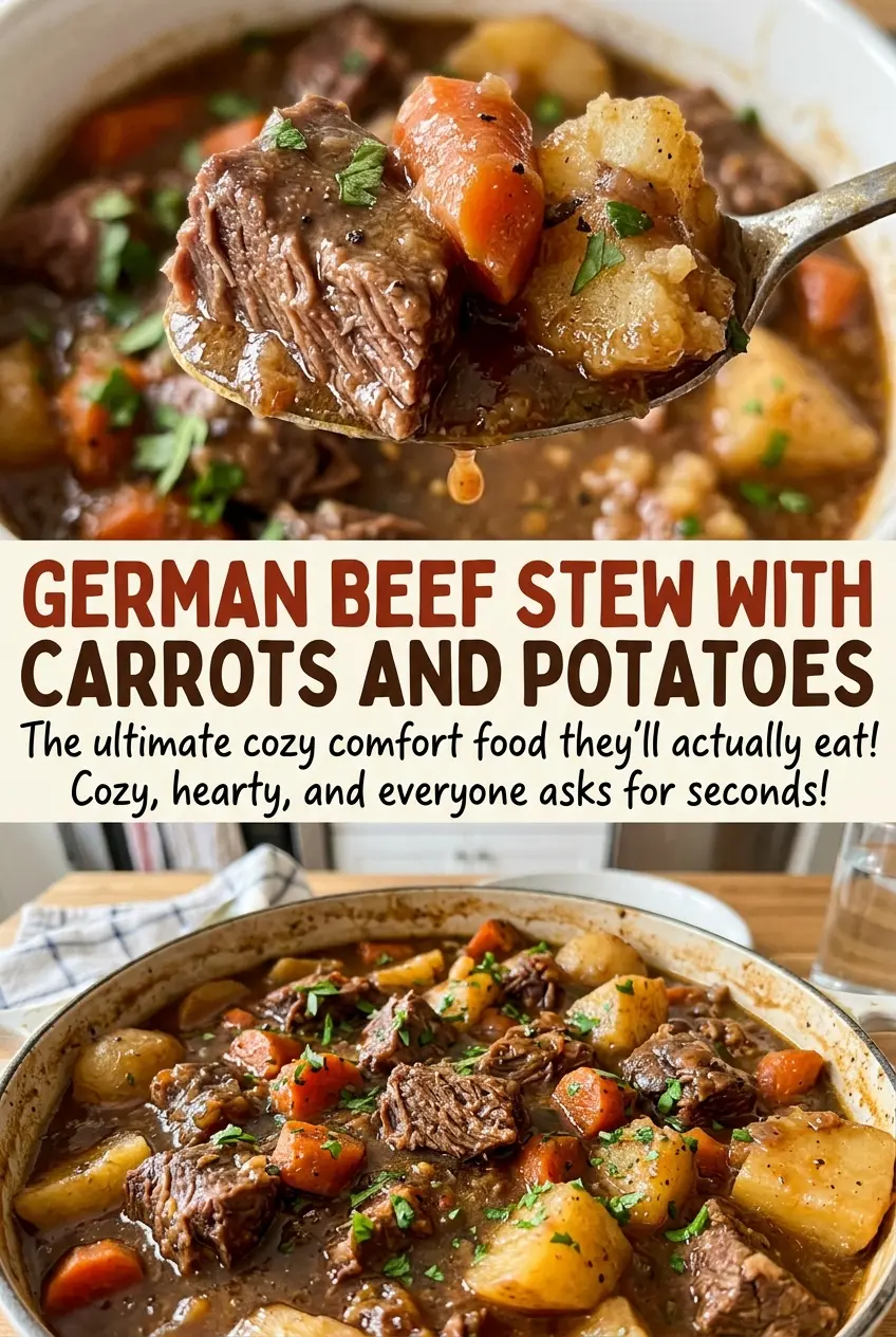 German beef stew with carrots and potatoes, paprika and caraway