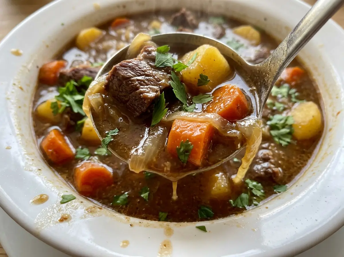 German beef stew with carrots and potatoes, hearty and tender