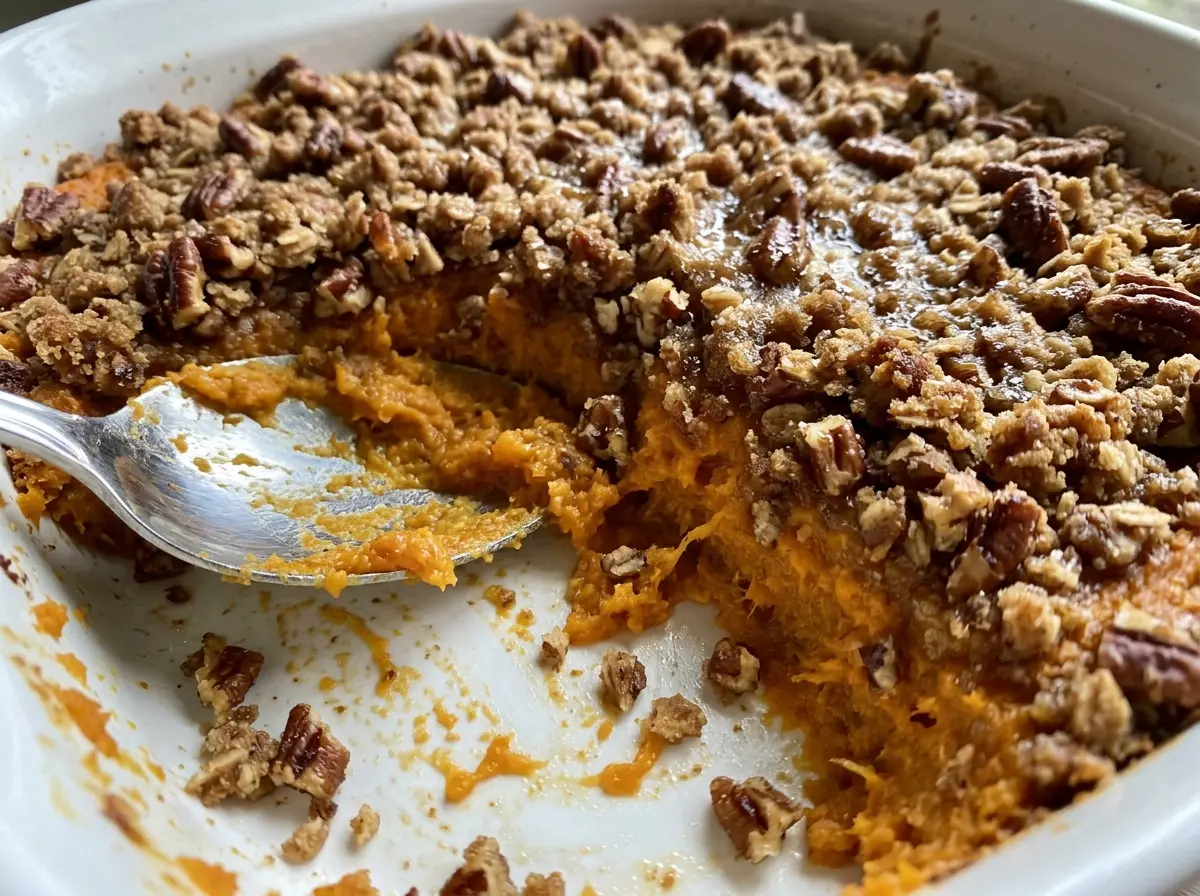 Gluten Free Dairy Free Sweet Potato Casserole golden pecan topping
