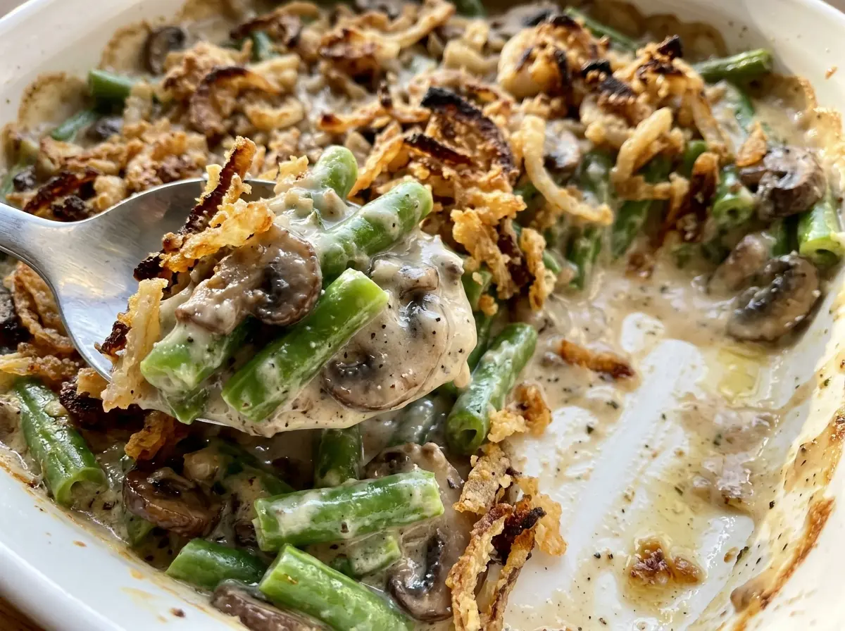 Gluten Free Green Bean Casserole with crisp golden onions