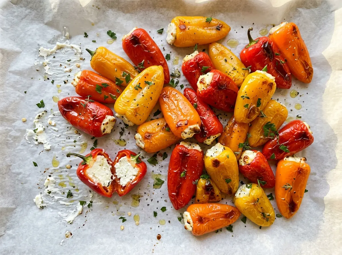 Goat Cheese Stuffed Mini Peppers with creamy filling and blistered edges