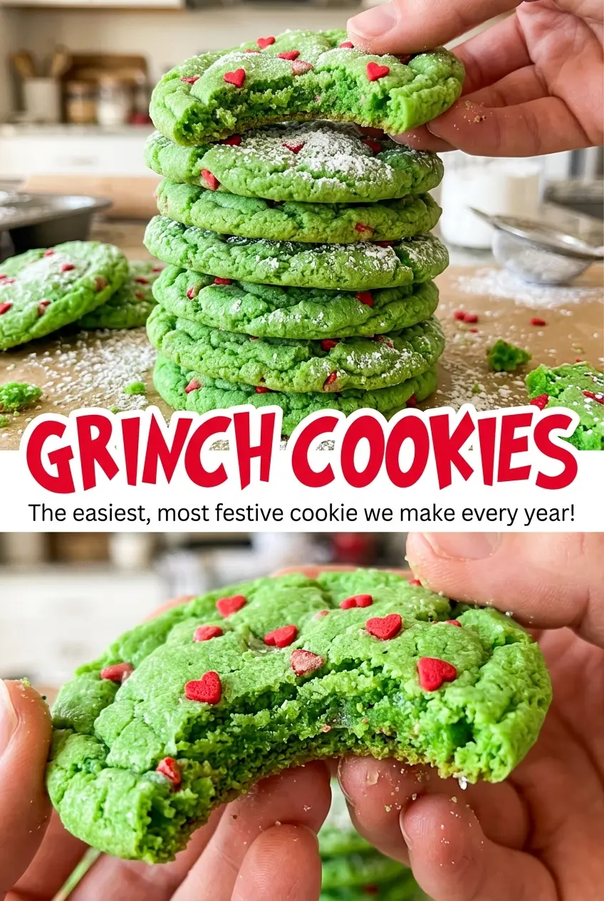 Grinch Cookies powdered sugar hearts