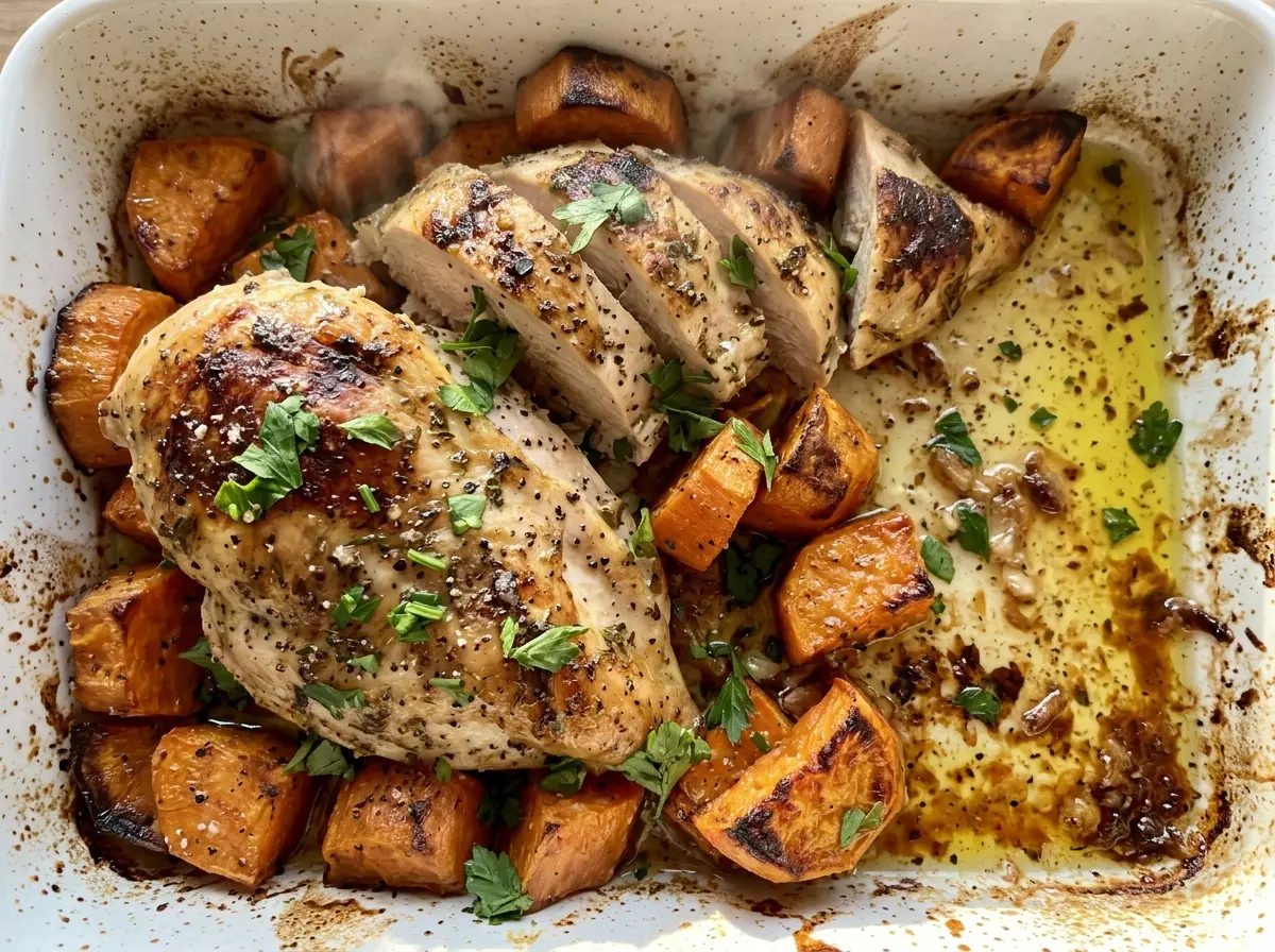 Healthy Chicken and Sweet Potatoes, golden sheet-pan dinner