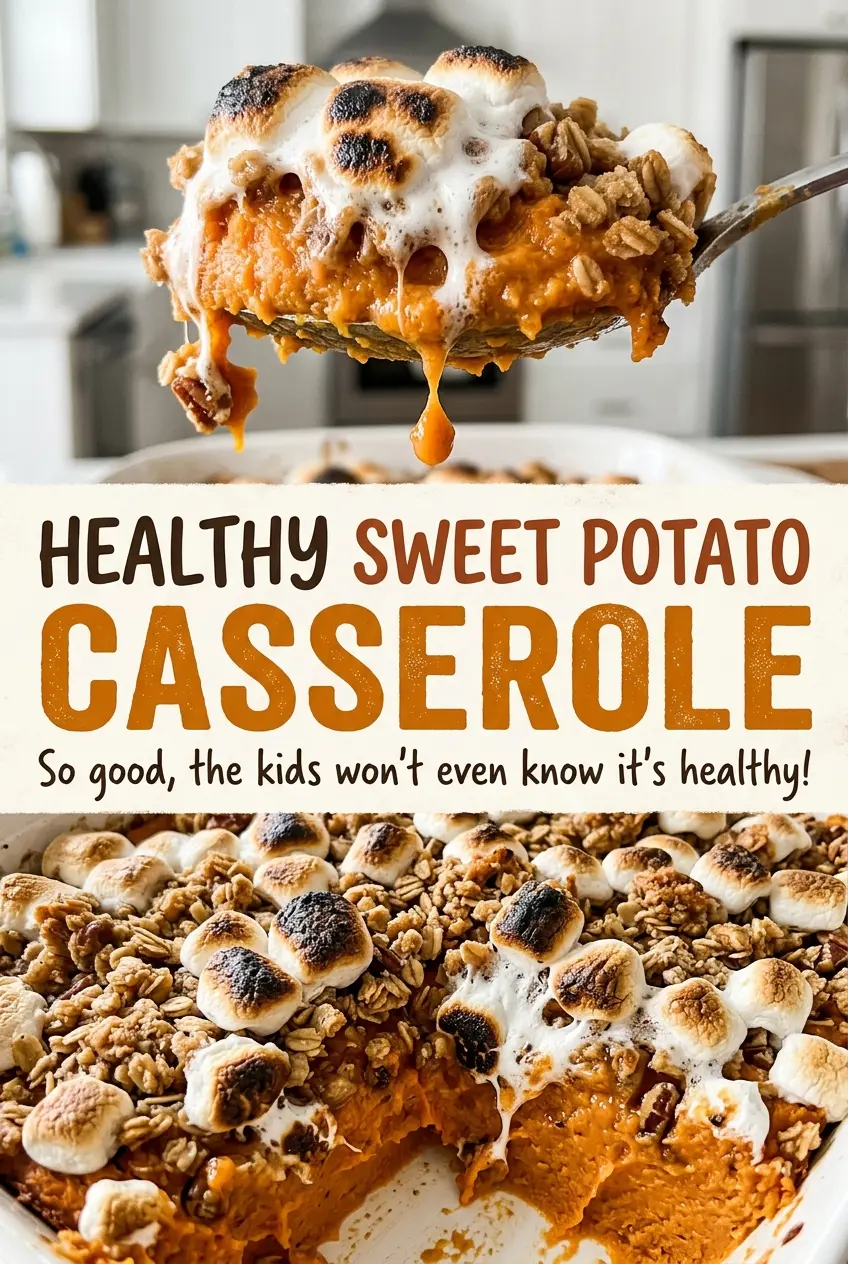 Healthy Sweet Potato Casserole, golden oat topping
