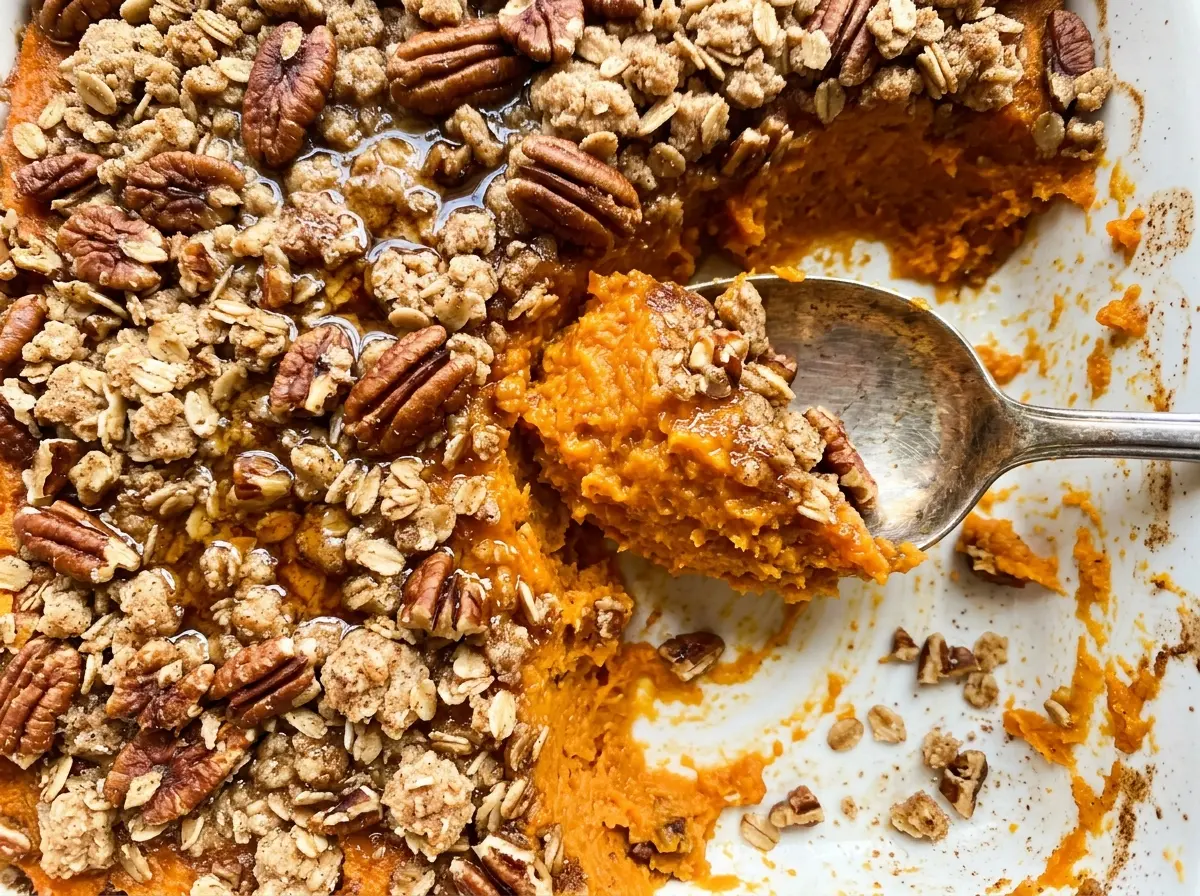 Healthy Sweet Potato Casserole, golden oat topping
