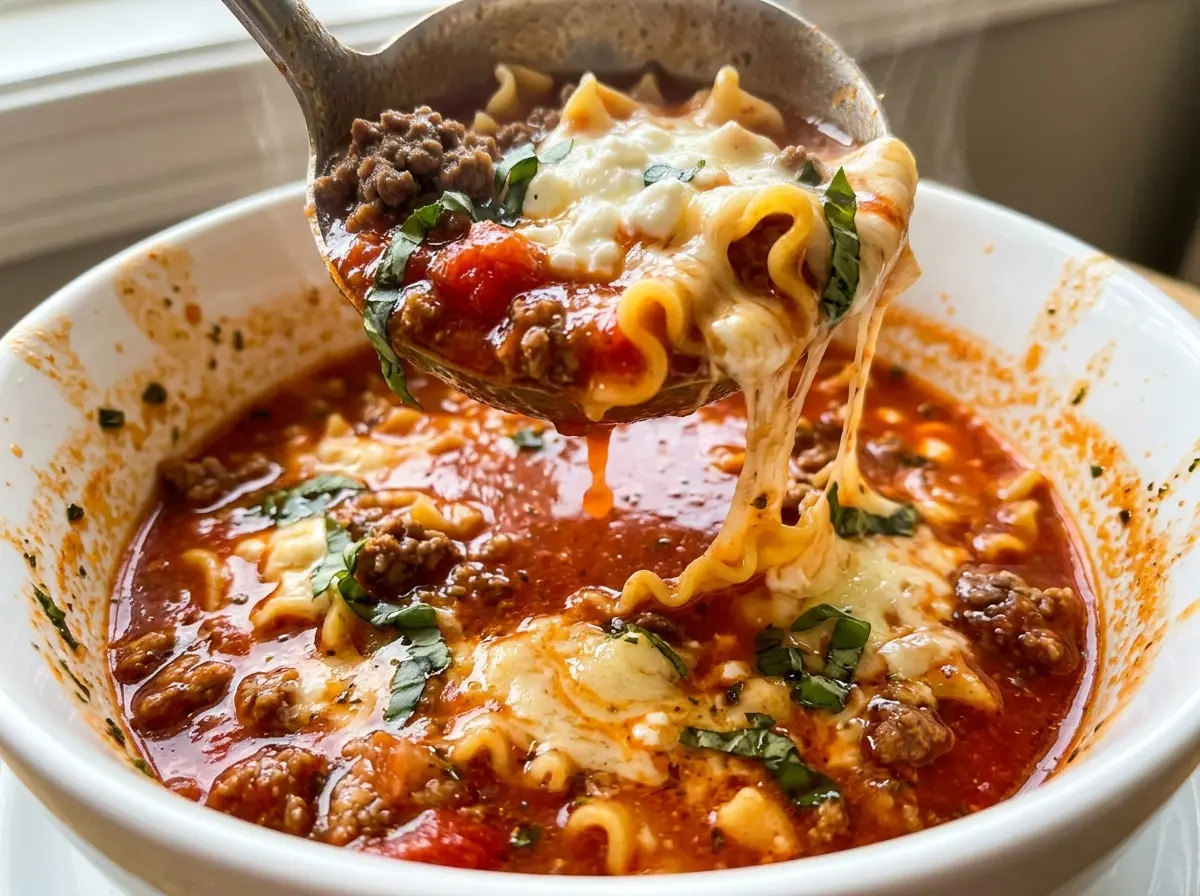 High Protein Lasagna Soup rich tomato broth