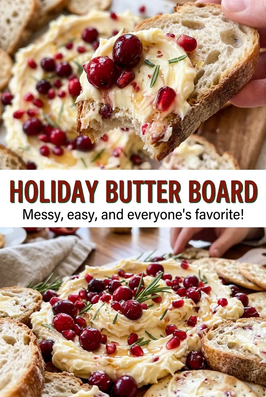Holiday Butter Board with cranberry pomegranate toppings