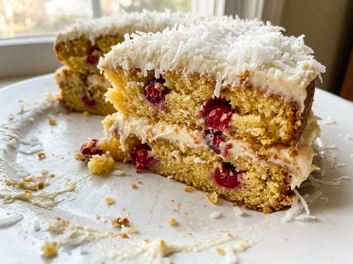 Holiday Cranberry Coconut Cake, layered and coconut-coated