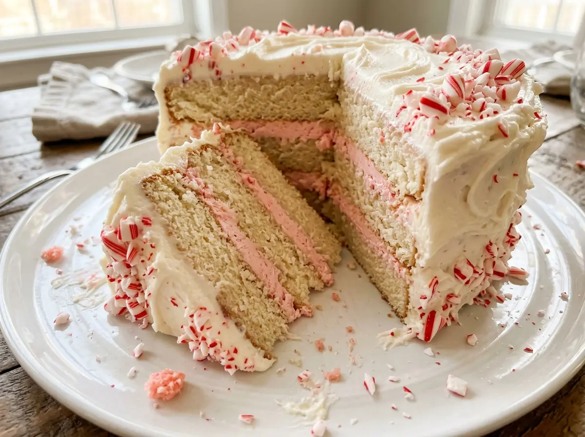 Holiday Peppermint Cake frosted peppermint layers