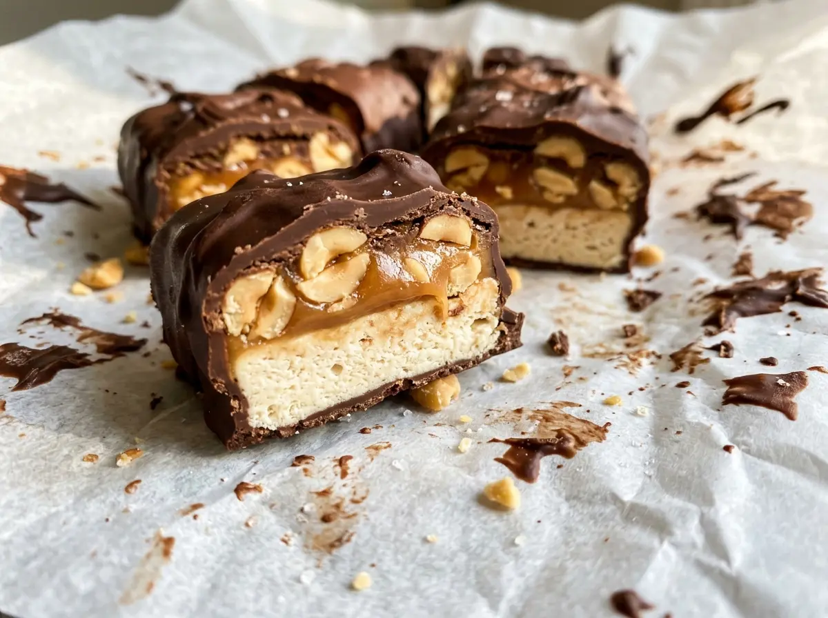Homemade Snickers Bars layered chocolate peanut