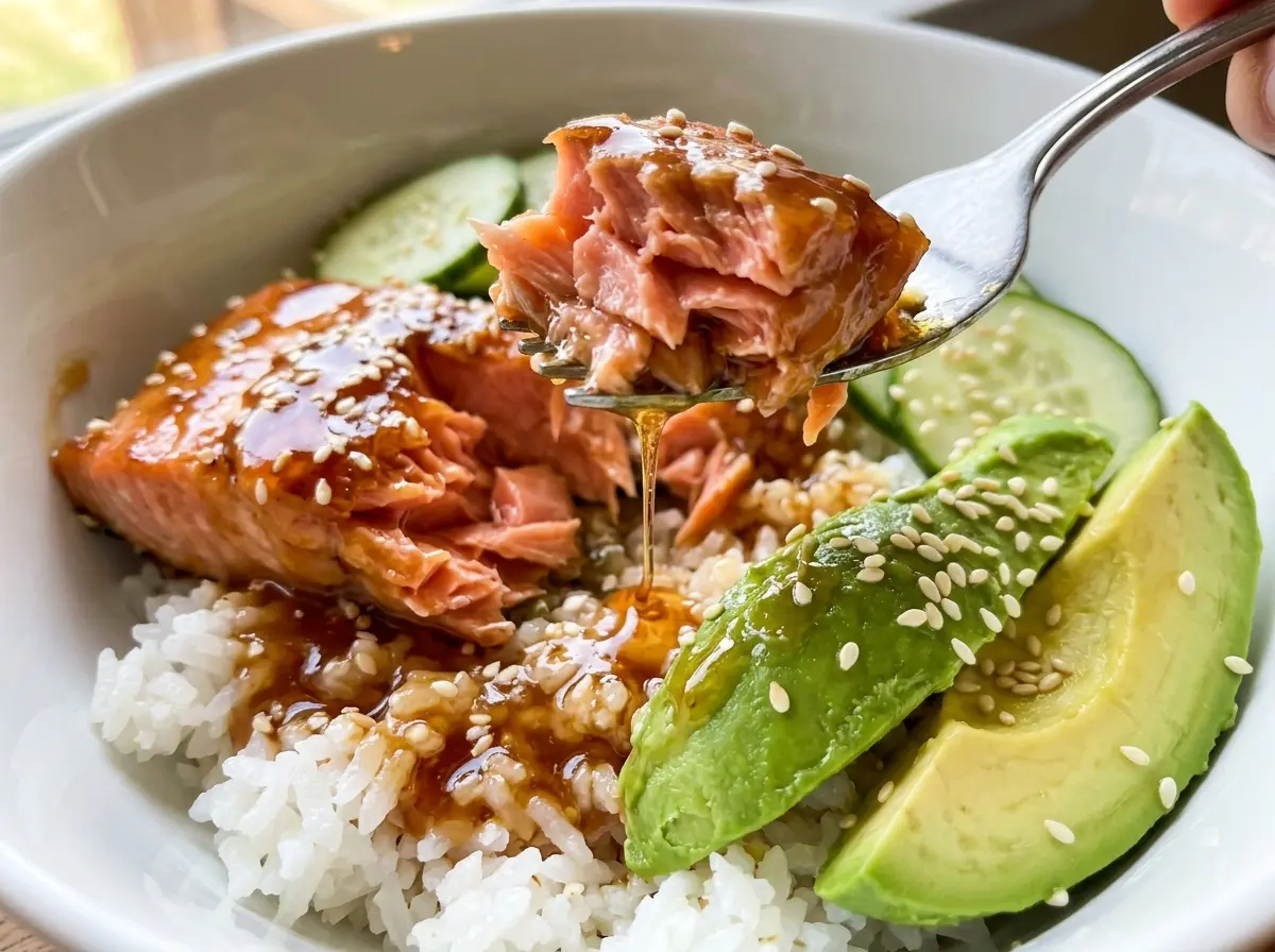 Honey Glazed Salmon Bowl, glossy salmon and fresh cucumber