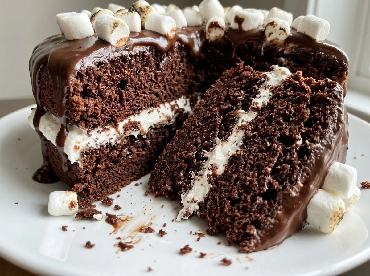 Hot Chocolate Cake with fluffy marshmallow frosting