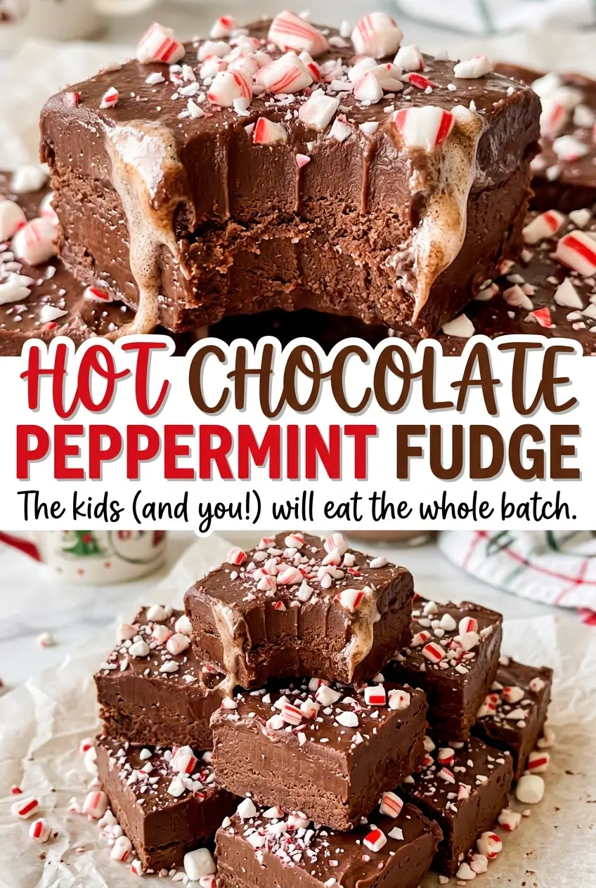Hot Chocolate Peppermint Fudge topped with mini marshmallows and crushed candy