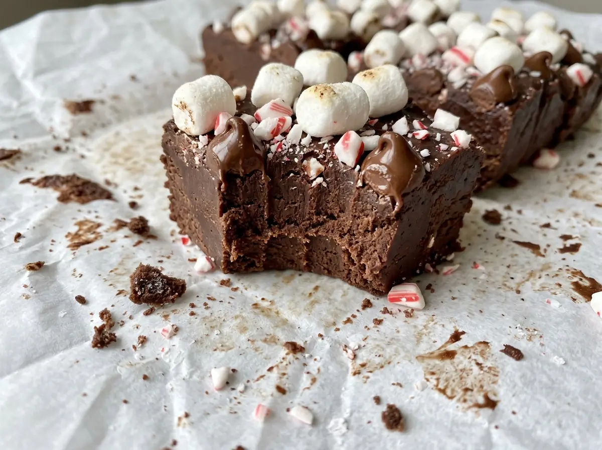 Hot Chocolate Peppermint Fudge with marshmallow and peppermint topping