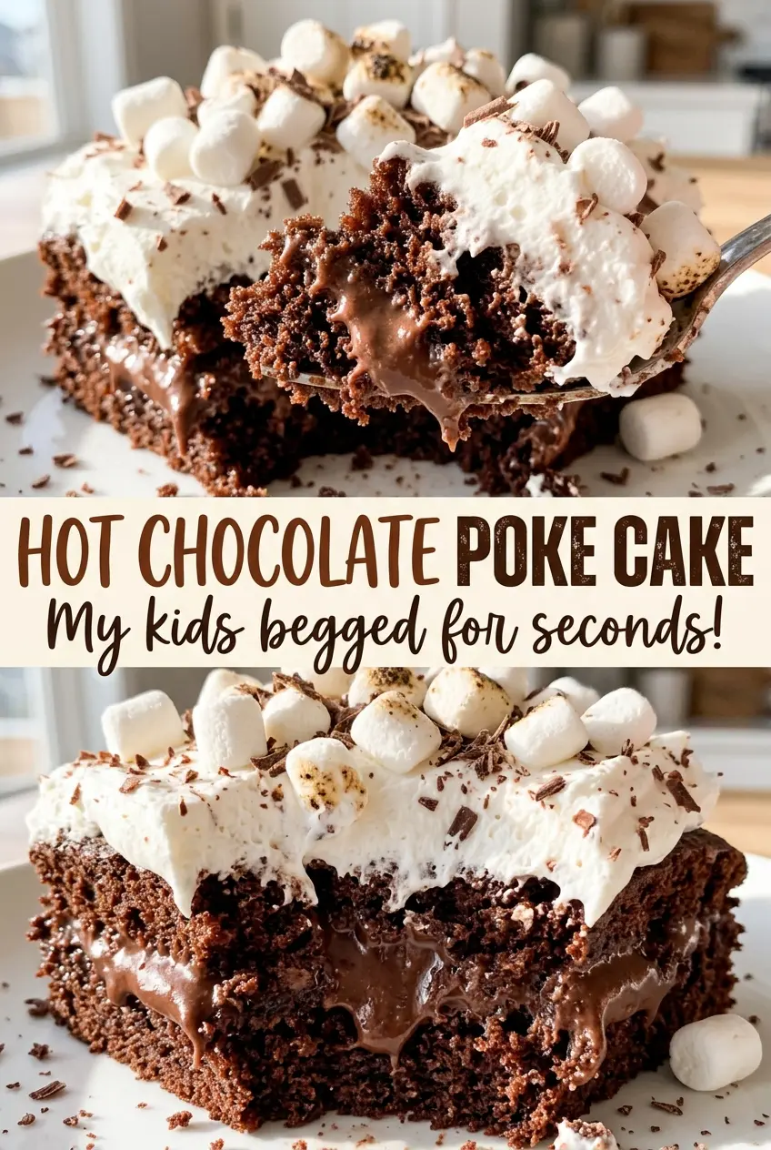 Hot Chocolate Poke Cake with marshmallow topping