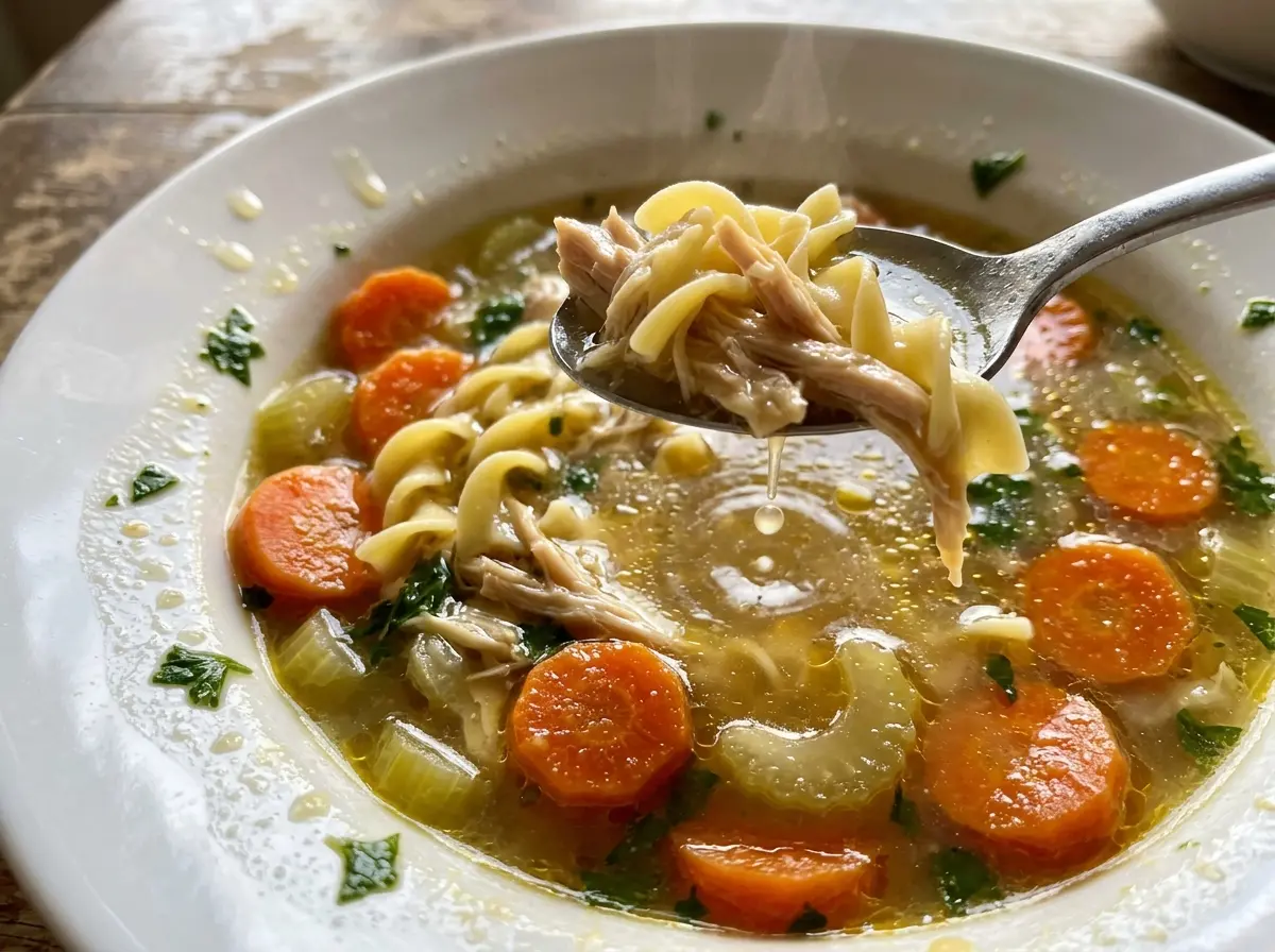 Immune-Boosting Chicken Noodle Soup golden broth