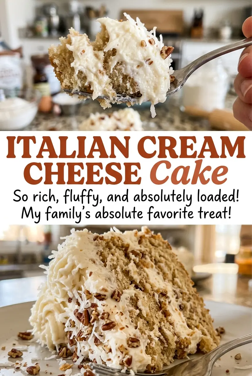 Italian Cream Cheese Cake layered coconut pecan